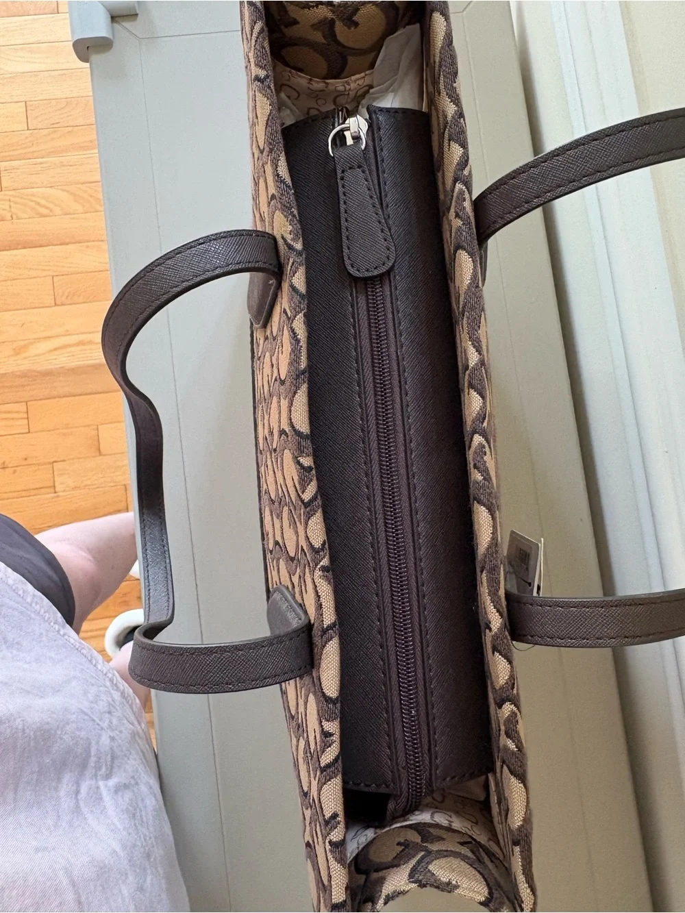 GUESS Brown Logo Jacquard Tote with Dark Brown Trim